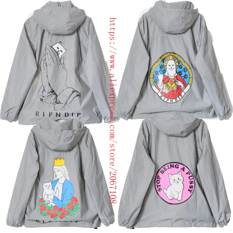 Ripndip Jacket Men Women Cood Quality Hip Hop Clothing Outwear 3M Reflective Cartoon Pocket Cat Windbreaker