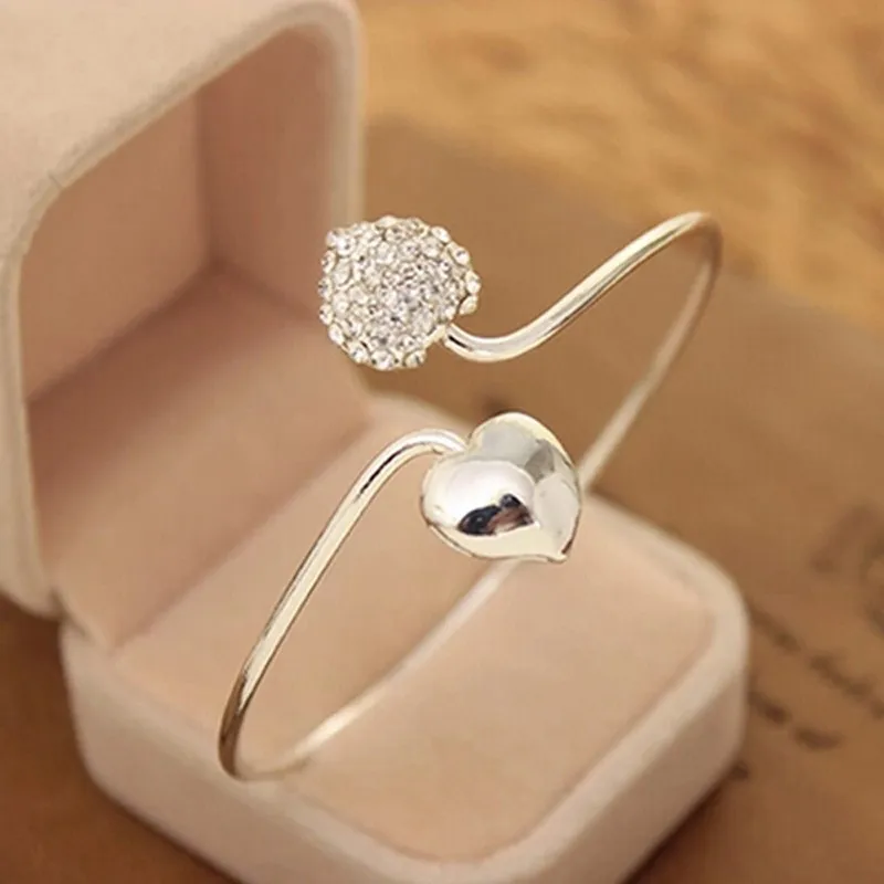 

Fashion Women's Double Hearts Love Bracelets Classic Open Armbanden With Crystal Rhinestone Coeur Brazaletes Pulseras Mujer