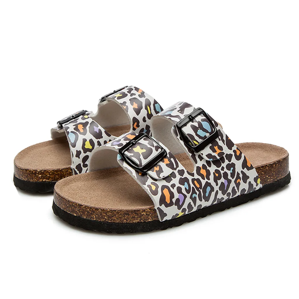 

Women Leopard Cork Slippers Double Buckle Beach Shoes Anti-Slip Toe Post Sandals
