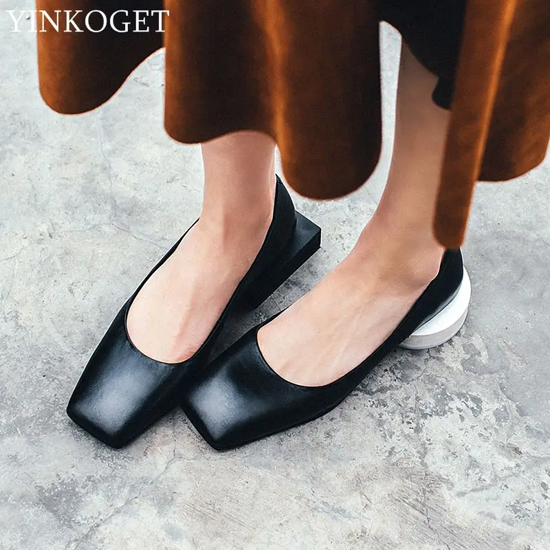 

YINKOGET size:34-43 genuine leather square toe thick heel women shoes high quality women high heel shoes office ladies shoes