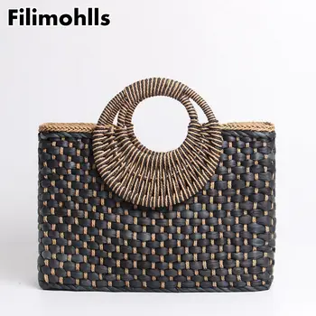

2019 Hand basket shopping bag Black color Bali Island Hand Woven Bag Butterfly buckle Straw Bags Satchel Bohemia Beach Bag F-458