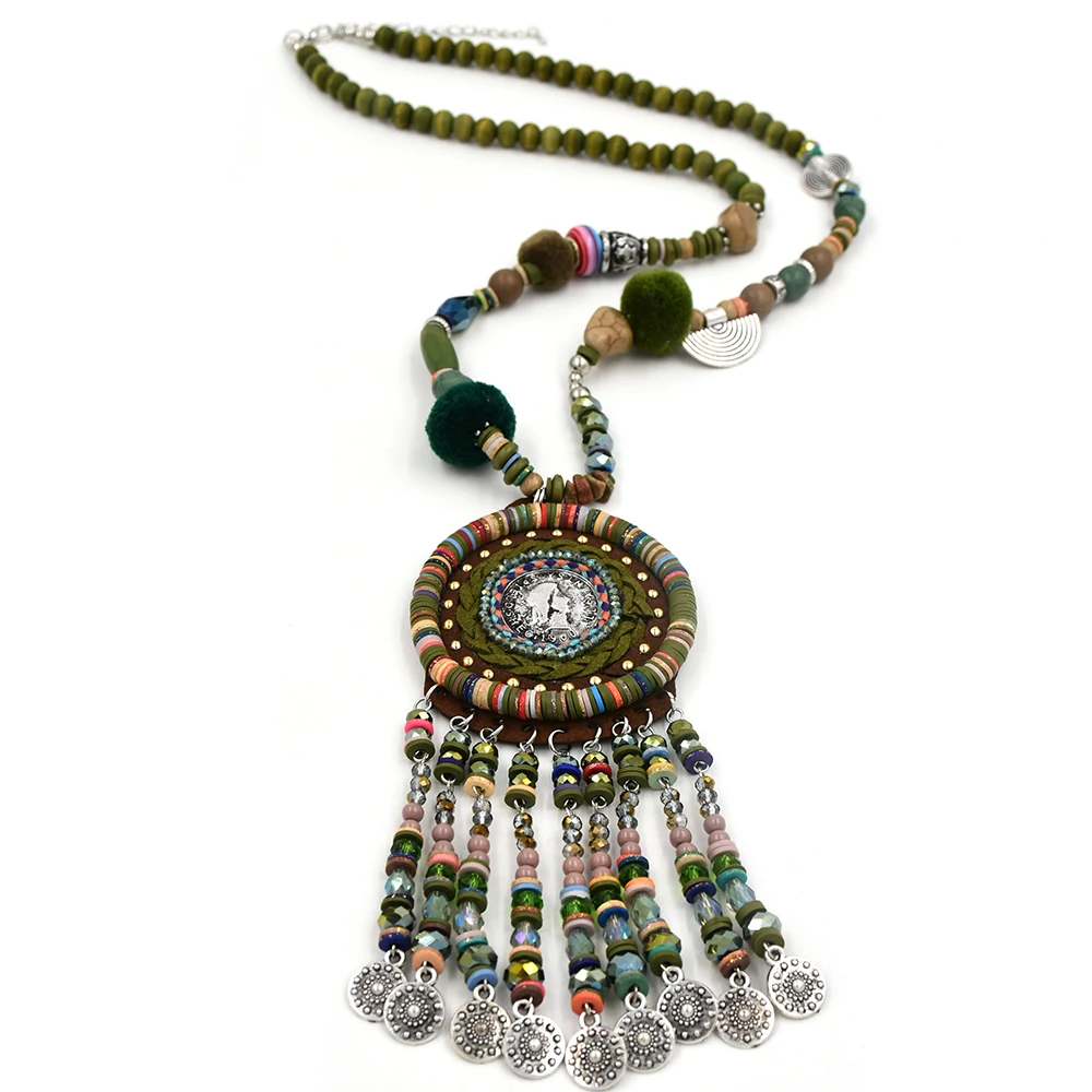 Handmade Ethnic Bohemian necklace vintage coin beaded tassel long fringe pendant necklace for women