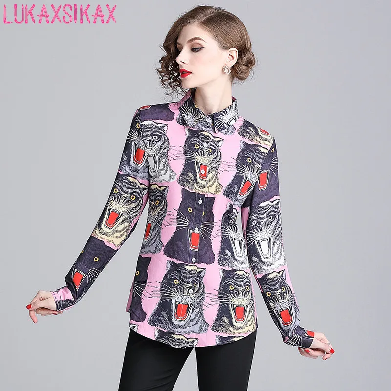 LUKAXSIKAX Дизайнер взлетно посадочной полосы 2018 Новый демисезонный для женщин рубашка Высокое качество Модный принт Тонкий с длинным рукаво
