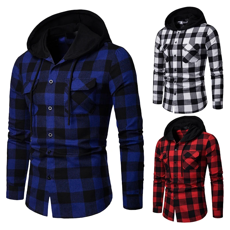 Beste Nieuwe 2019 Shirt Mannen Lente Hot Koop Kwaliteit Plaid Shirts Hooded Uitloper Lange Mouw Toevallige Mannelijke Chemise Homme EU Size s XXL