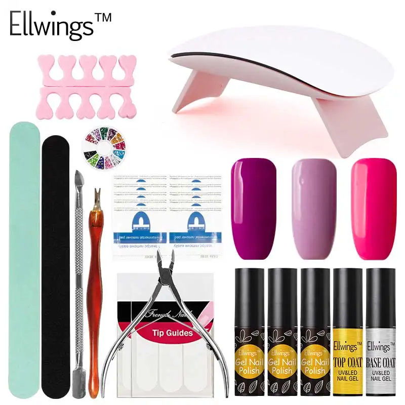 

Ellwings Tool Set Any 3 Colors Gel Nail Polish Base Top Coat Varnish Gel Lacquer with 6w Uv Led Lamp Nail Art Kit Manicure