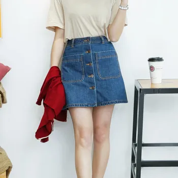 

On sale 2019 summer Womens ladies A-line Jeans Skirt Button High Waist Denim small pockets Skirt harajuku mini high quality jean