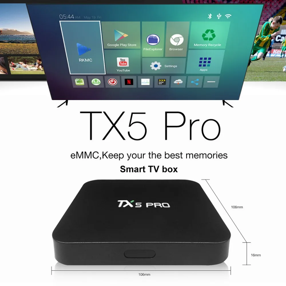 

TX5 Pro TV Box H.265 Quad Core S905X Android Tv Box 2G RAM 16G ROM Android 6.0 2.4G/5.8G Wifi Set-Top Box Mali-450 GPU Black