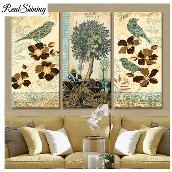 

Cartoon Birds Tree 5d diy diamond painting 3 pcs resin square drill full diamond embroidery triptych Cross Stitch decor FS3684