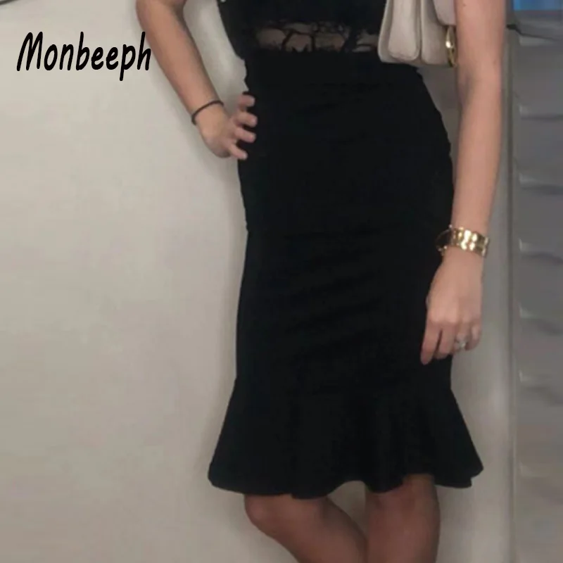 

Monbeeph Ruffles Mid-Calf Pencil Skirt Irregular High Waist Women's Skirts Ruffles Slim Bodycon Party Jupe Red Black S-5XL