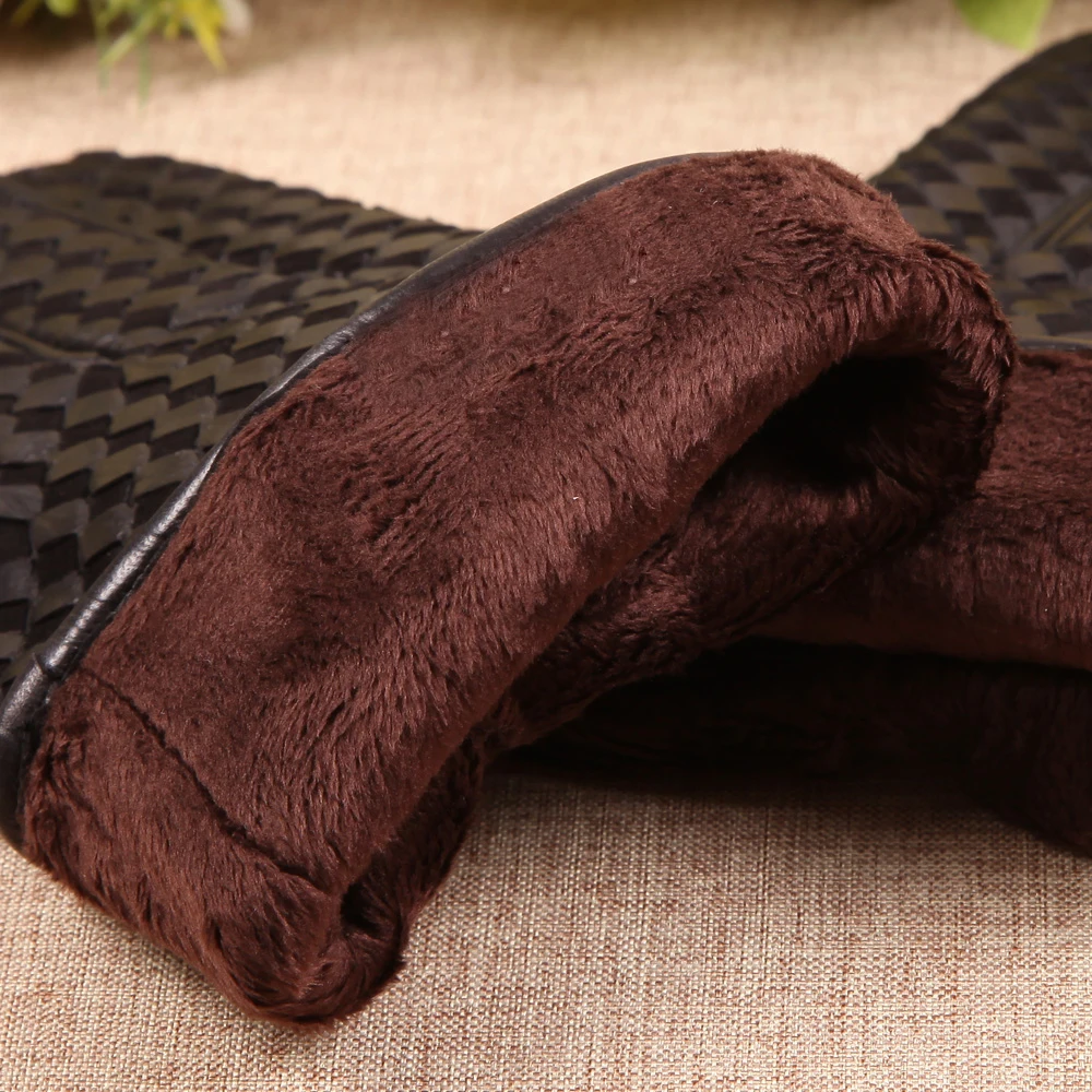Business Men Genuine Leather Gloves High Quality Goatskin Glove Autumn Winter Plus Thermal Velvet Fashion Woven Plaid EM019NC