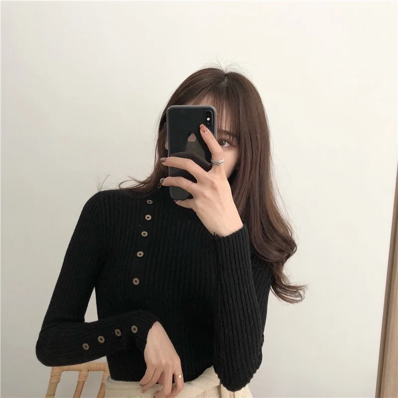 

New Fashion Button Turtleneck Sweater Women Spring Autumn Solid Knitted Pullover Women Slim Soft Jumper Sweater Female Knit Tops