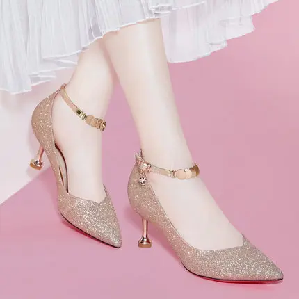 

Exquisite heel ladies 2019 spring new pointed sexy wild word buckle spring and autumn single shoes summer seasons shoes