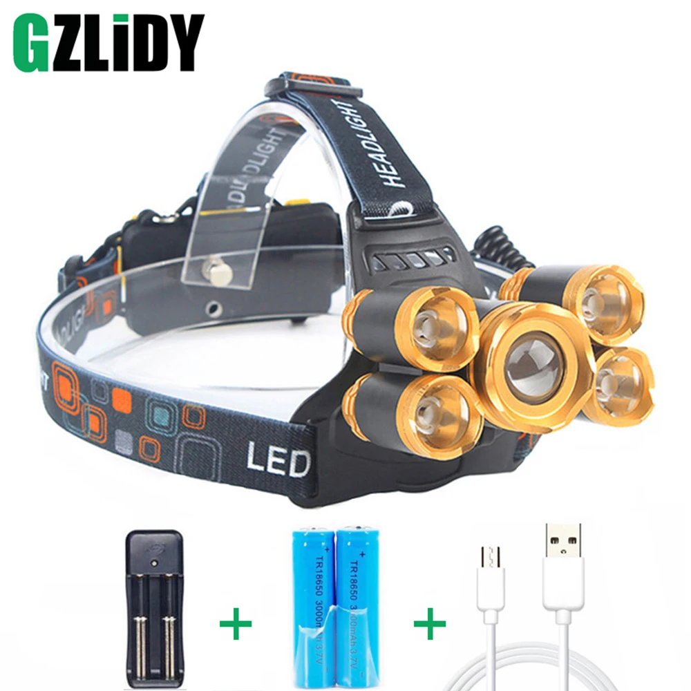 

Portable T6+XPE LED Head Lamp Zoomable Headlamp Waterproof 5leds Headlight Tube Torch LED Flashlight USB cable Camping Bicycle