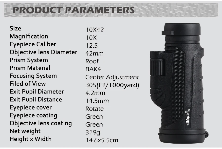 Telescópio de Visão Qualidade para a Caça Monocular com Prisma Bijia Monocular Alta Potência Bak4 10x42 8 qualidade para a caça alta potência monocular com prisma bak4