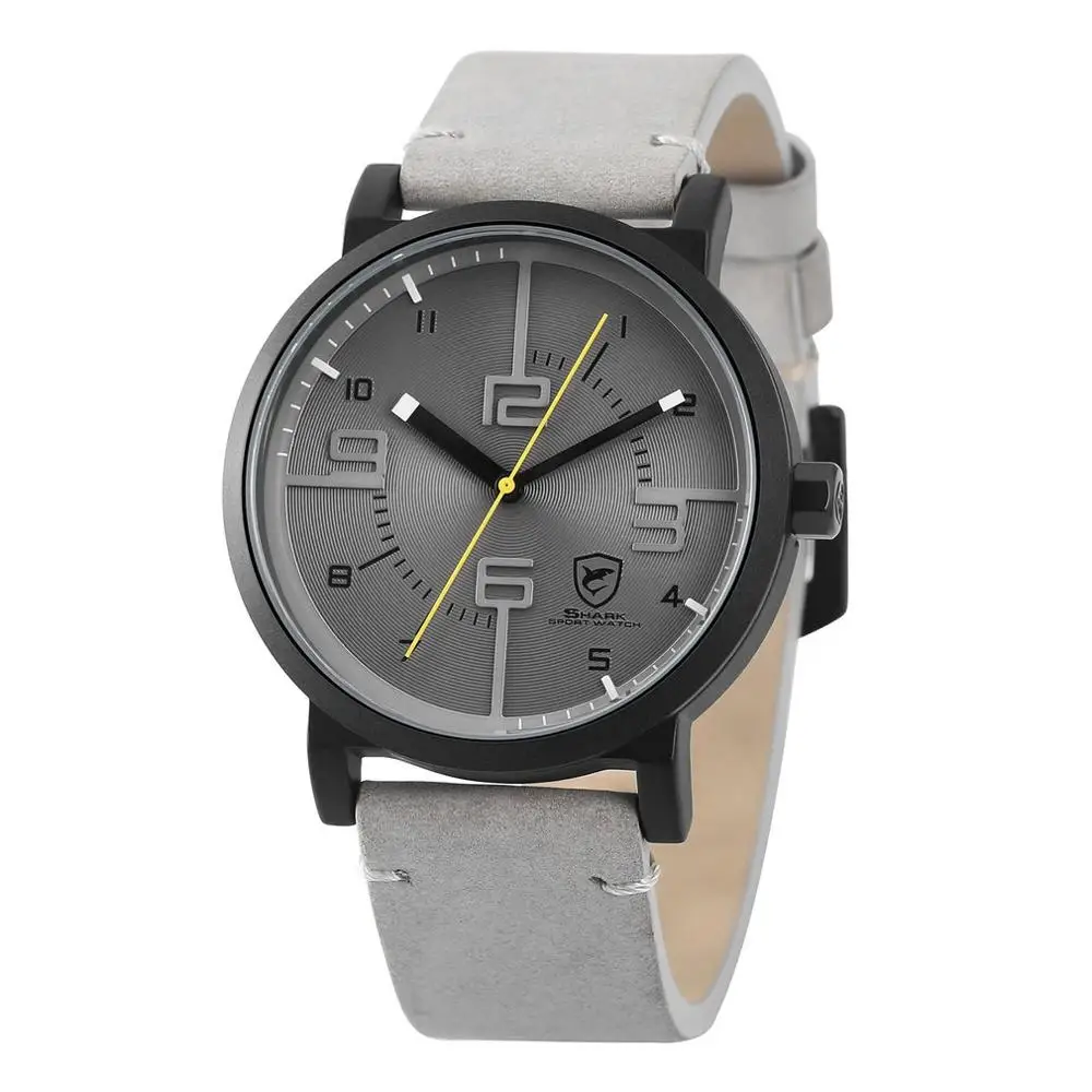 Bahamas Saw SHARK Sport Watch Grey Relogio Masculino Simple 3D Special Long Second Hand Men Male Quartz Leather Band Clock/SH571