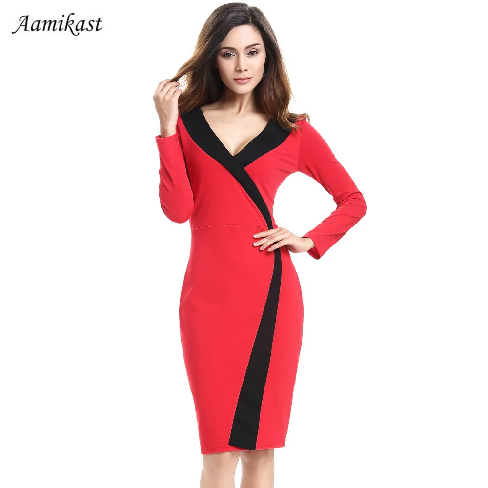 

Women Dress New Fashion Spring 2019 Hot Sale V-neck Long Sleeve Plus Size Patchwork Physical Party Cocktail Business Dresses