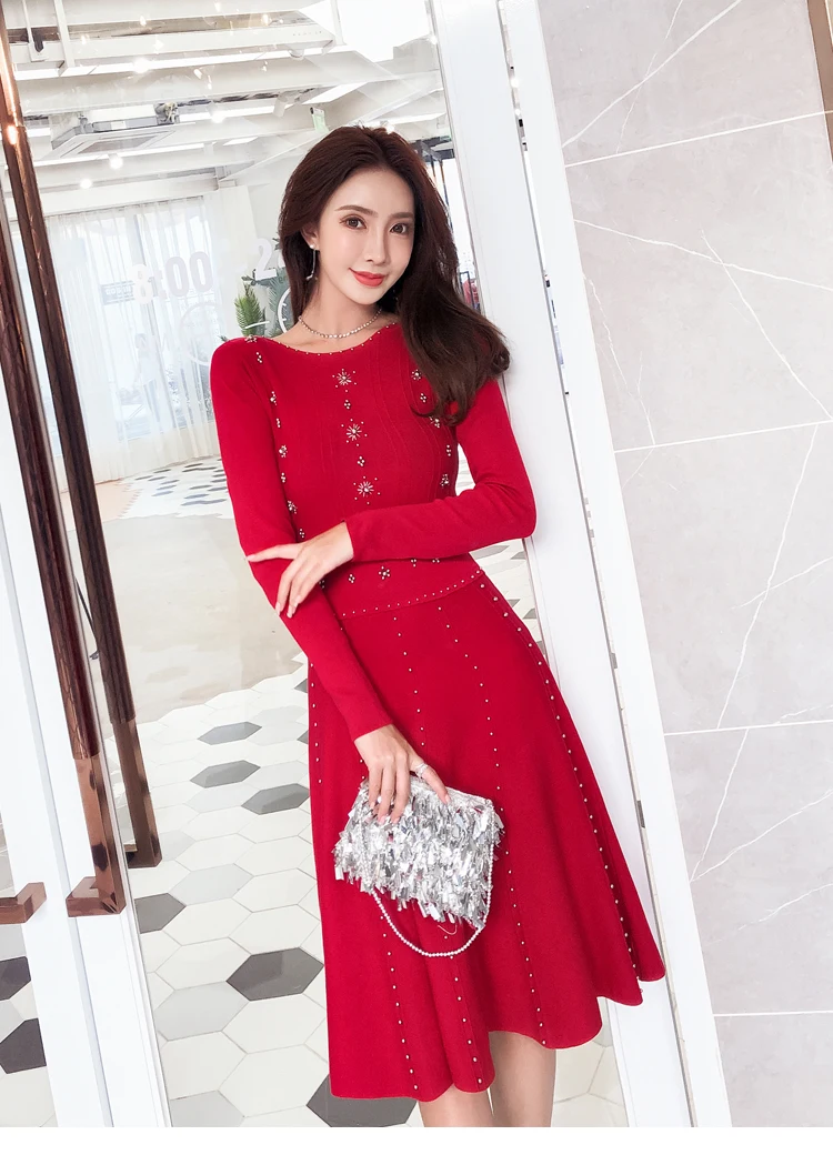 Luxury Goddess Spring Knitted Ball Gown Dress Fashion Women Red Beading Sweater Dress High Quality Elastic Dresses L2825