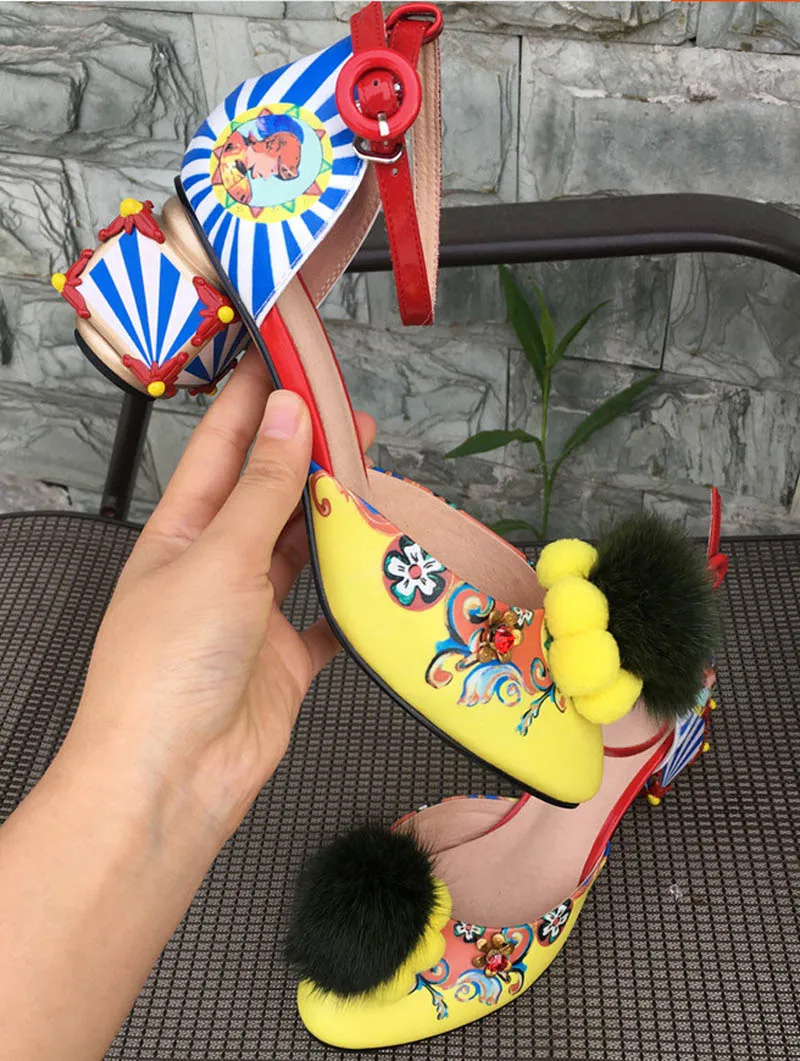 Women Sandals Fashion Print Strange Heel Pumps Fur Ball Metal Decoration 2018 Summer Ladies Dress Party High Heels Shoes Woman (3)