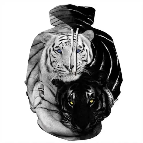 Black&White Tiger Print Sweatshirts Casual Plus Size Hoodies Men Women