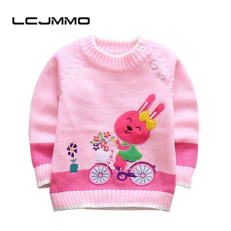 

LCJMMO New Baby Girls Sweaters Winter 2017 Cotton Kids Shoulder Buckle Pullover Knitted Clothes For Girl Cartoon rabbit Sweater