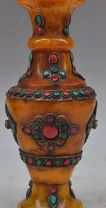 

old tibet Beeswax silver Mosaic Turquoise gem statue Zun Cup Bottle Pot Vase Jar