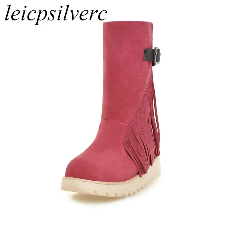

Women Boots Autumn Winter Warm Flock 2018 New Sexy Fashion Fringe Mid-calf Motorcycle Snow Boot Non-slip Med Heel Martin Shoes