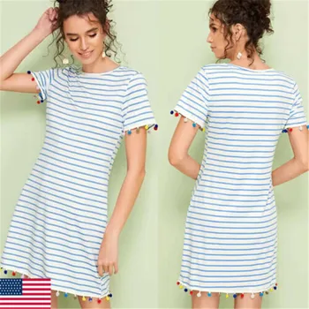 

Vacation Women Short Sleeve Mini Dress Casual Long Tops Blouse Tassel T Shirt Striped Loose Sundress S M L XL