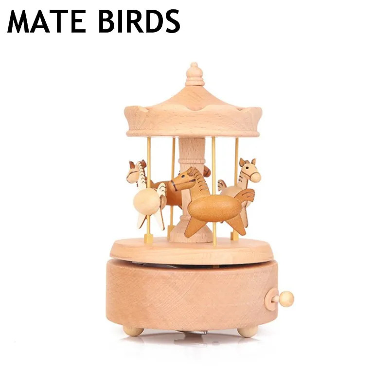 

Carousel Wooden Clockwork Round Base Music Box Imported Movement Home Furnishings Crafts Romantic Birthday Gift