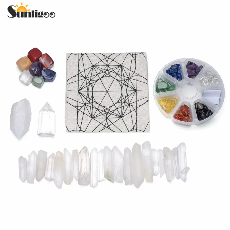 Cena Sunligoo Chakra uzdrawiające kryształy siatki zestaw siatki ołtarz tkaniny 7 czakry różne żetony równoważenie kamienie wyczyść kwarc spadł kamień