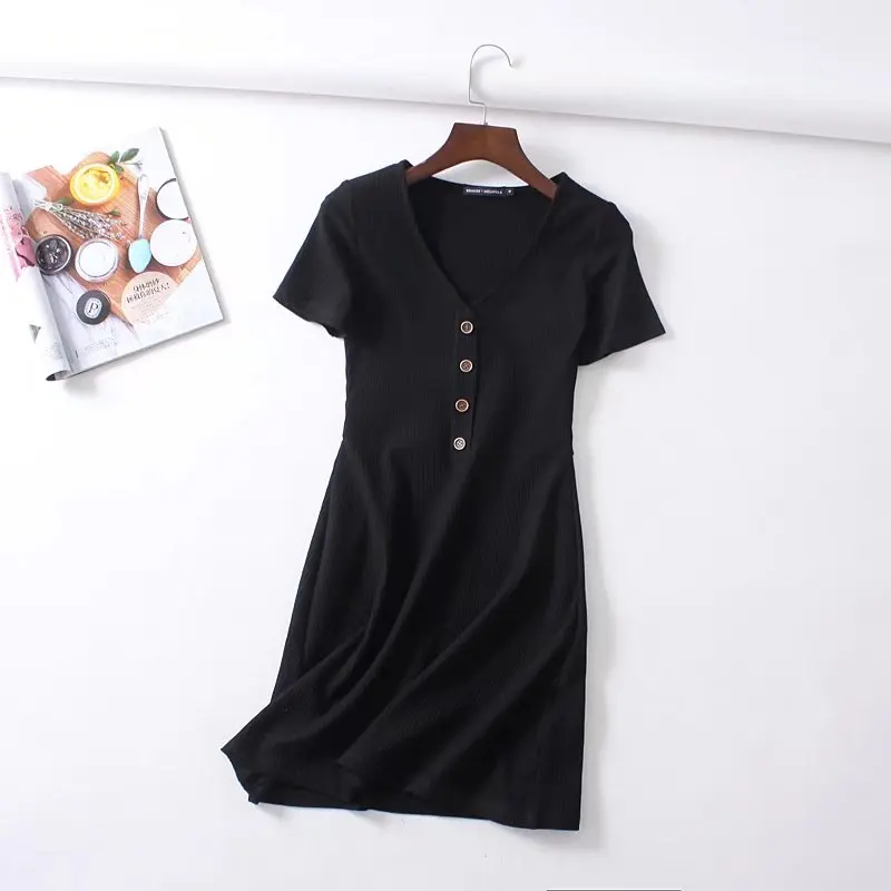 Beach Summer Dress Women Knitted Button V neck Rib Black Red Mini Dress Elegant Kawaii Casual Korean Vestidos