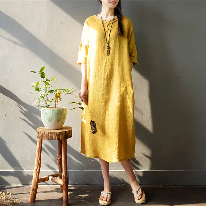 

SCUWLINEN Women Dress 2019 Spring Summer Vintage Solid Loose A-line Linen Dress Casual Zen Robe Female Long Vestidos S751