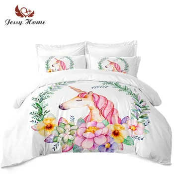 

3/2Pcs Kids Cartoon Bedding Set Unicorn Duvet Cover Set Colorful Flowers Print Bed Cover Girls Dreamlike Quilt Cover Pillowcase
