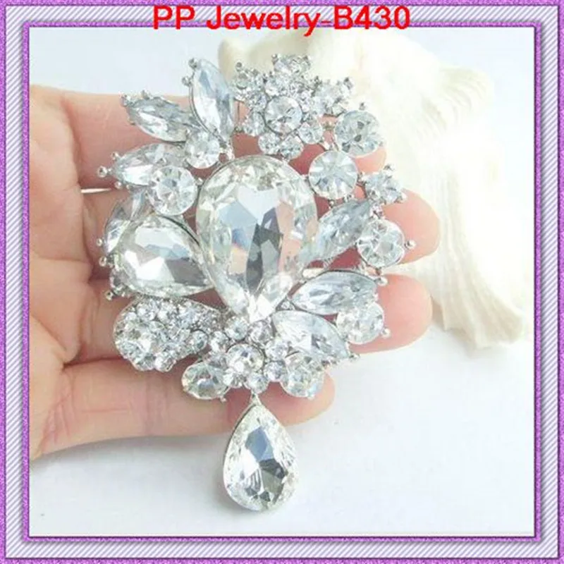 

3.2 INCH Luxury Silver Color Glass Crystal Waterdrop Drop Pendent Brooch Lady Jewelry Broaches Wedding Bridal Bouquet Brooch