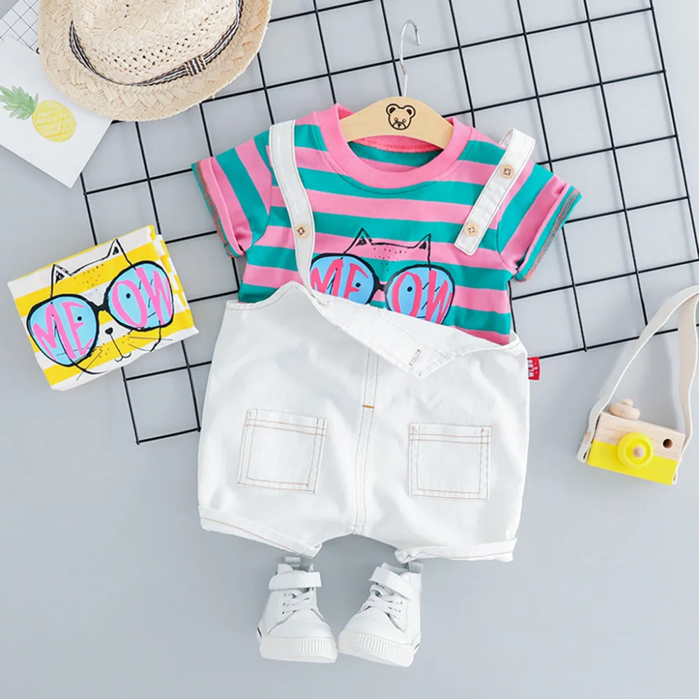 

Short Sleeve Infant Outfits New Born Cartoon Summer Toddler Baby Kids Boy Girl Stripe Cat Tops Overall Pants Casual Set Clothes