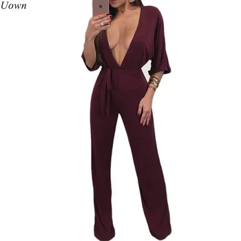 

2017 Autumn Ladies Wide Leg jumpsuit with Sleeve V-Neck Party Long Black Rompers Loose Overalls for Women Combinaison Femme