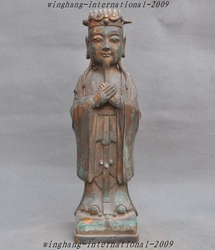 

12" Old Chinese pure Bronze Gilt Folk Mammon Wealth God Jambhala Buddha Statue