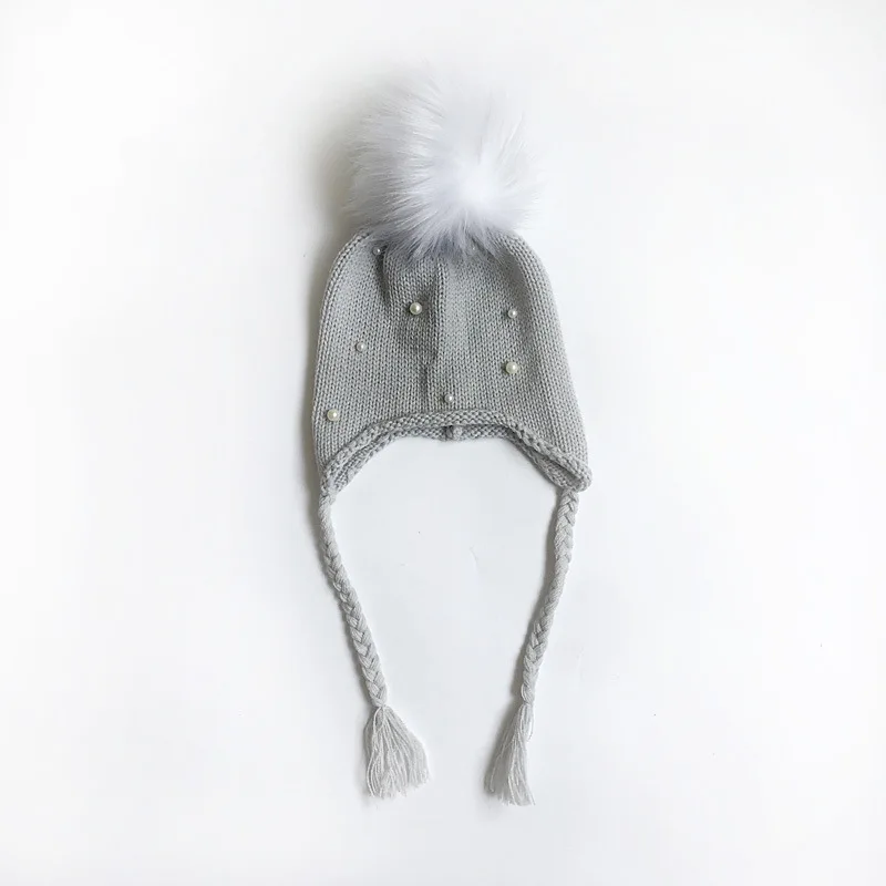 Модная детская зимняя шапка с жемчугом, вязаная шапочка для новорожденного, детские шапки для девочек, 1 шт - Цвет: Gray