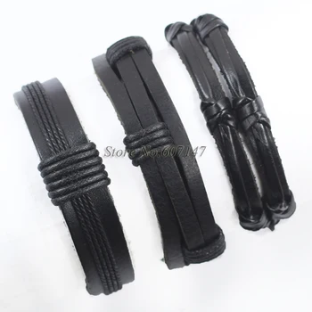 

Wholesale 3pcs Handmade Weave Wrap Hemp&Genuine black men leather bracelet for women femme pulseira masculina chrismas gift -K52