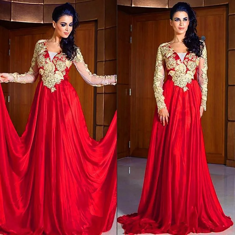 

Robe de Soiree 2019 Red Chiffon Gold Lace Appliques Long Sleeve Dubai Abaya Evening Dresses Kaftan Arabic Party Dresses Vestido
