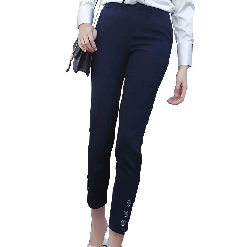 Женские осенне-зимние костюмы, брюки, офисные женские брюки с высокой талией и пуговицами, черные строгие брюки для девочек, темно-синие