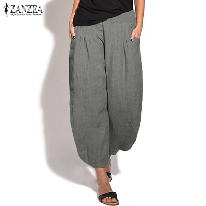 

New 2019 ZANZEA Summer Autumn Women Long Harem Pants Casual Elastic Waist Pockets Trousers Party Baggy Pantalon Femme Plus Size