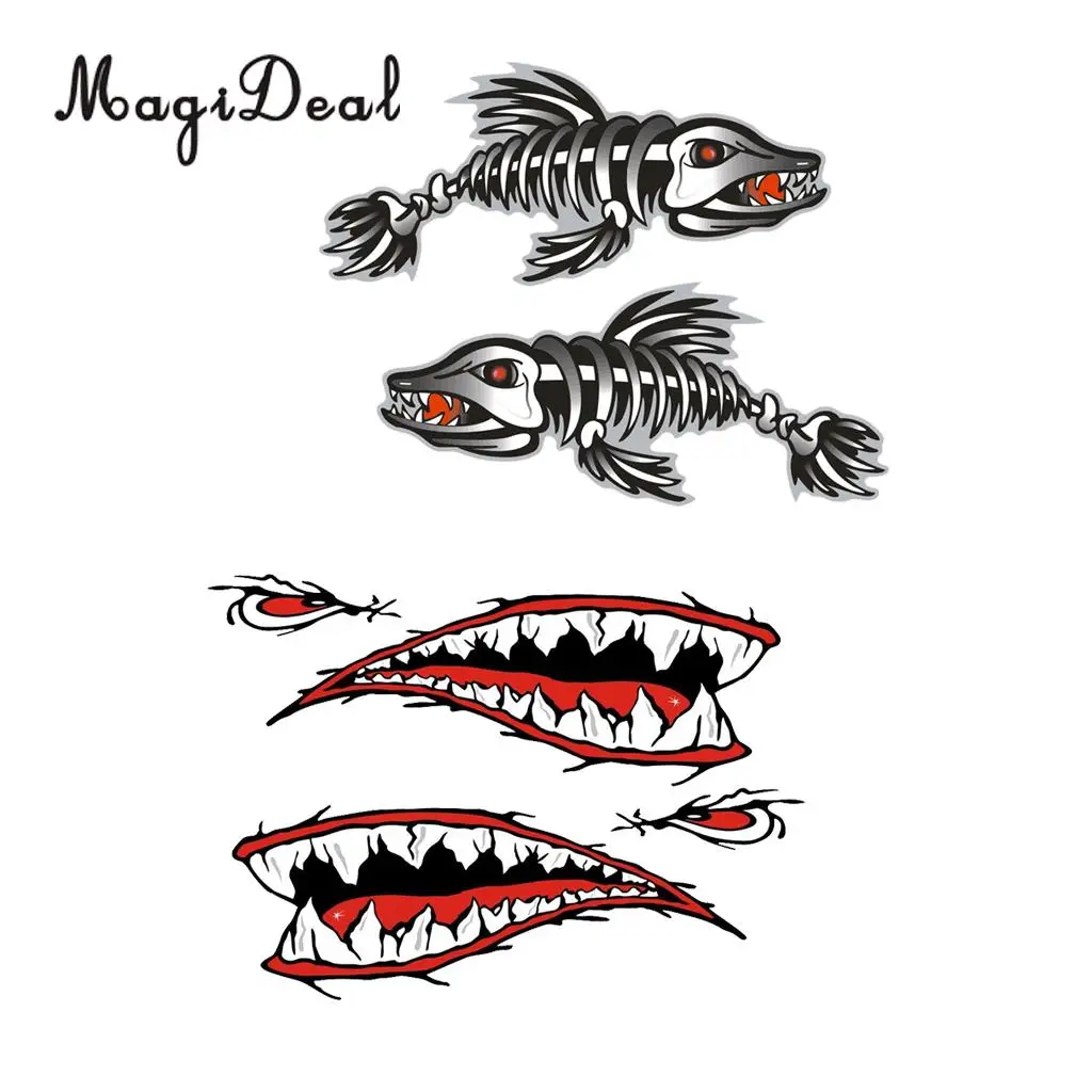 MagiDeal 4Pcs Large Fish Skeleton Shark Mouth Decal Kayak Fishing Boat Car Truck Motorcycle Graphics Funny Stickers