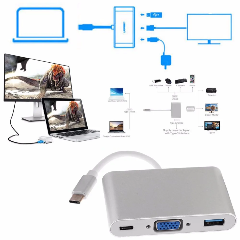 LYBALL USB C 3,1 type-C для VGA USB 3,0 usb type C PD концентратор Женский адаптер для нового Macbook 12 дюймов Chromebook Pixel Lumia 950XL