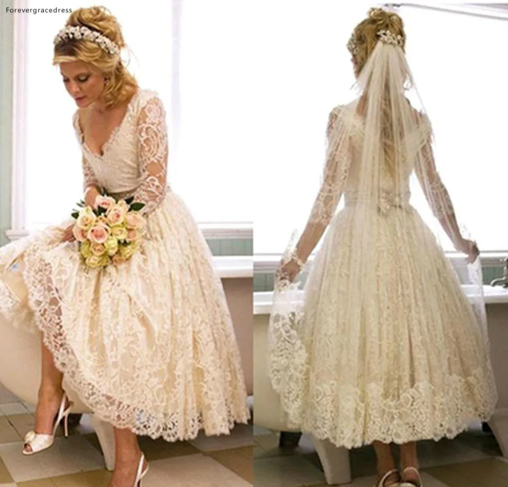 Vintage Full Lace Long Sleeve Wedding Dresses A Line V Neck Applique Tea Length Western Bridal Gowns Custom Made BC1070  163 (4)