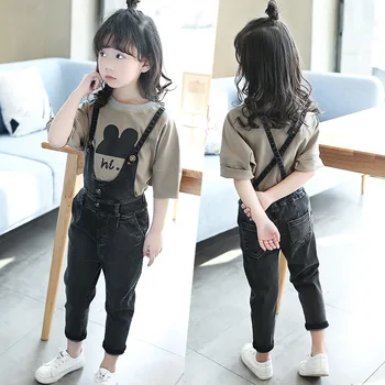 

Autumn New Pattern Girl Range Child Street Wind Cowboy Salopettes Cartoon T-shirts Suit 2 Pieces Kids Clothing