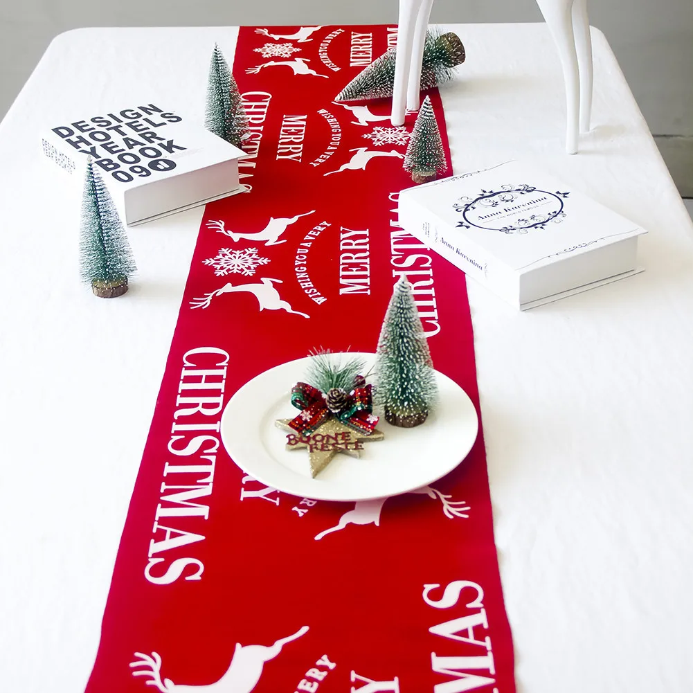  1Pc Christmas Linen Tablecloth Christmas Flag Home Party Decorative Elk Tapestry Red Table Runners 
