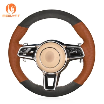 

MEWANT Brown Leather Black Suede Hand Sew Anti-slip Comfortable Car Steering Wheel Cover for Porsche Macan Cayenne 2015 2016