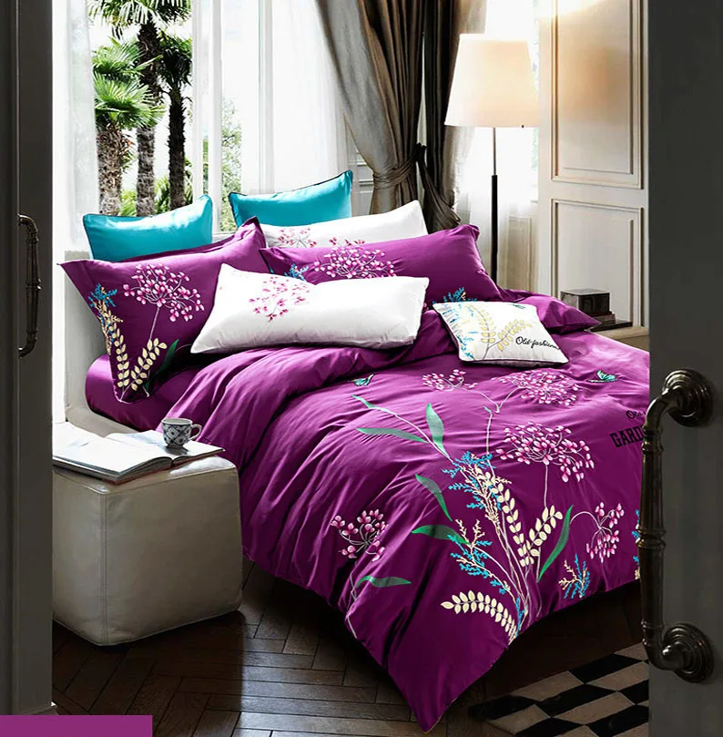 Korean style embroidered bed cover purple cotton duvet cover bed sheet