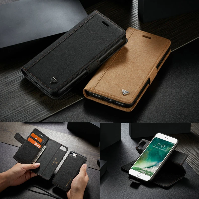 

WHATIF Multifunction Kraft Paper Leather Case For Iphone 6S 7 8 Plus Detachable Wallet Flip Cover Case For Iphone XS Max X XR XS