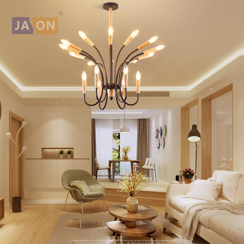 

led e27 Nordic Iron Wooden Black White Chandelier Lighting Lamparas De Techo Suspension Luminaire Lampen For Foyer